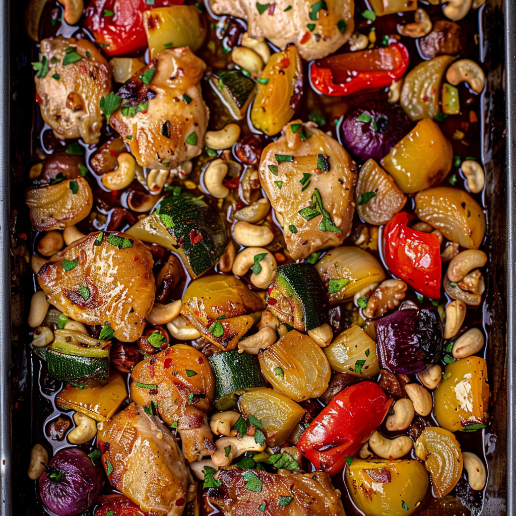 Recipe preparation for Sheet-Pan Cashew Chicken with Veggies