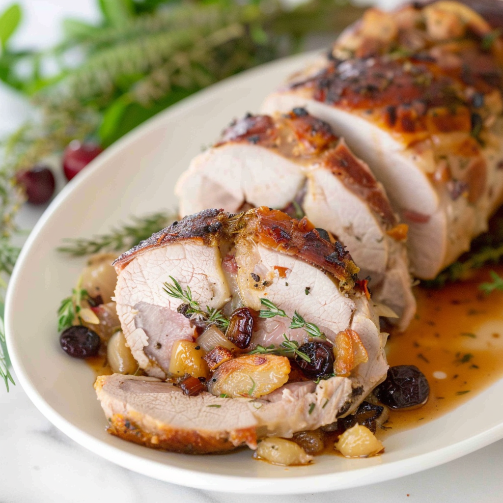 Recipe preparation for Cran-Apple Stuffed Pork Tenderloin with Rosemary Jus