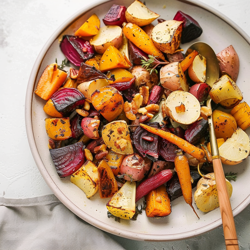 Recipe preparation for Roasted Root Vegetables with Maple-Dijon Glaze & Hazelnuts