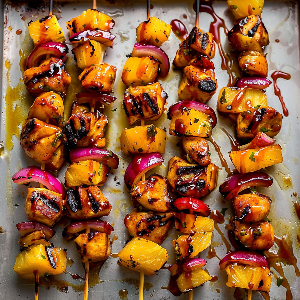 Recipe preparation for Tropical Grilled BBQ Chicken & Pineapple Skewers