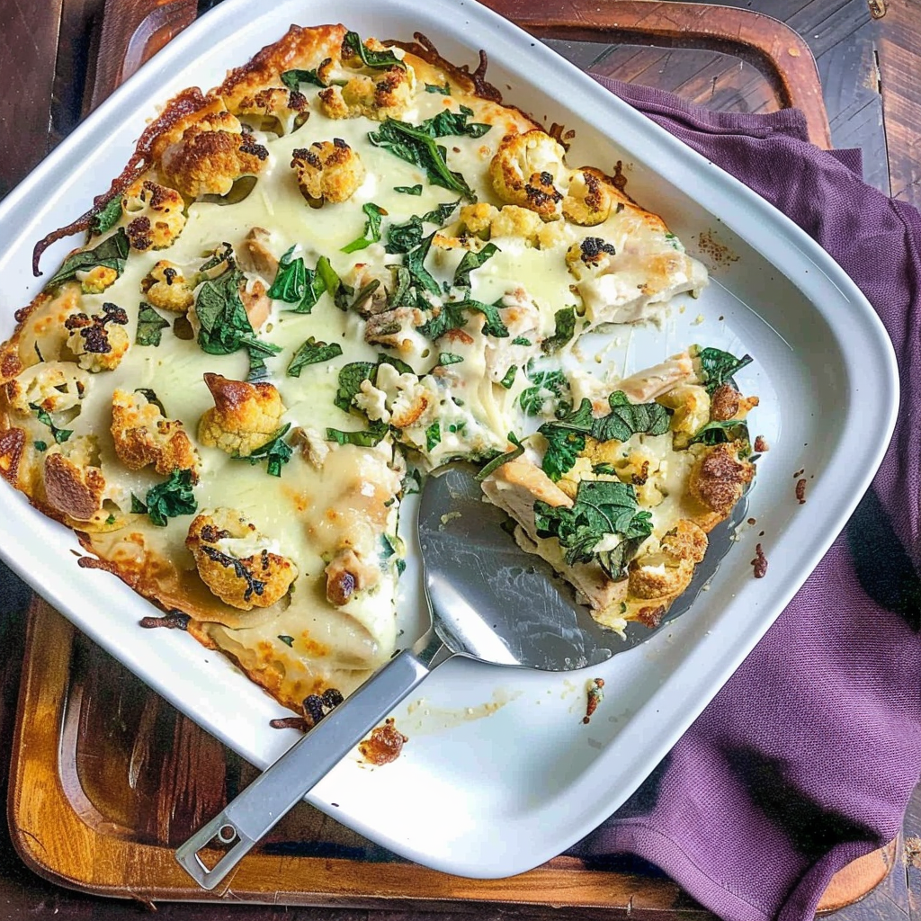 Recipe preparation for Cauliflower Crust Chicken Alfredo Bake