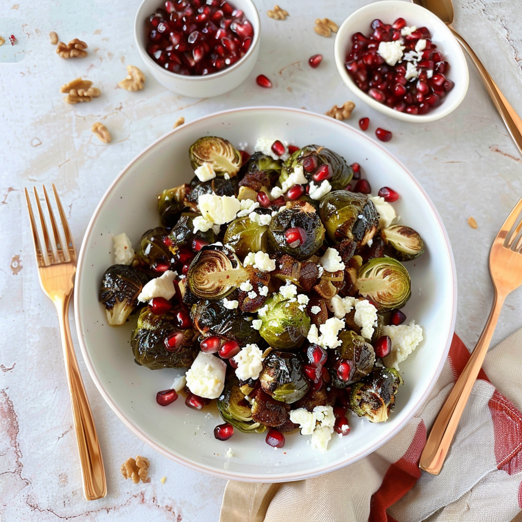 Recipe preparation for Roasted Brussels Sprouts with Goat Cheese & Pomegranate