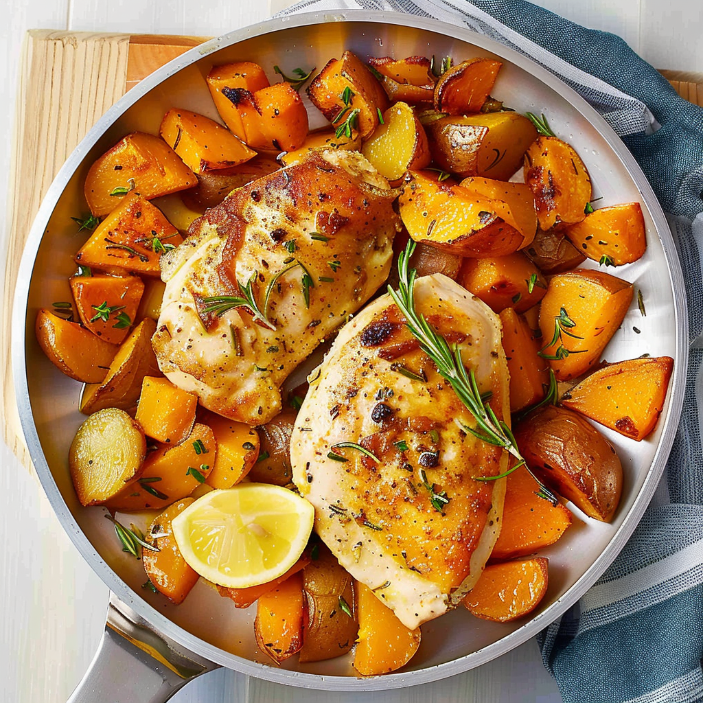 Recipe preparation for Rosemary Chicken with Sweet Potatoes