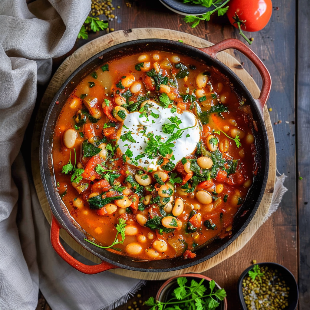 Recipe preparation for Hearty Tomato Soup with Beans & Greens
