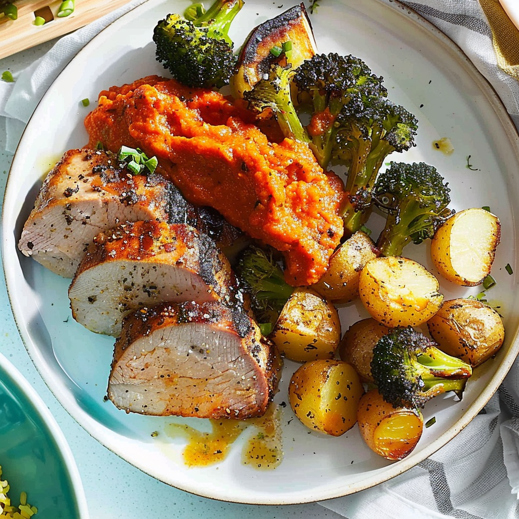 Recipe preparation for Paprika Baked Pork Tenderloin with Potatoes & Broccoli