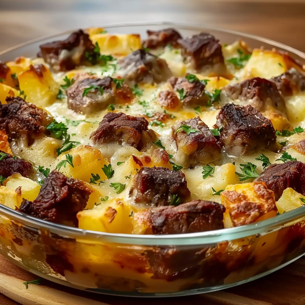 Recipe preparation for Cowboy Steak and Potato Casserole Recipe