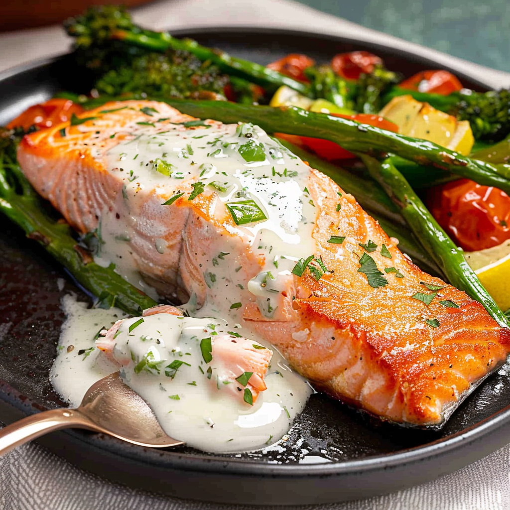 Recipe preparation for Sheet Pan Salmon with Feta Sauce