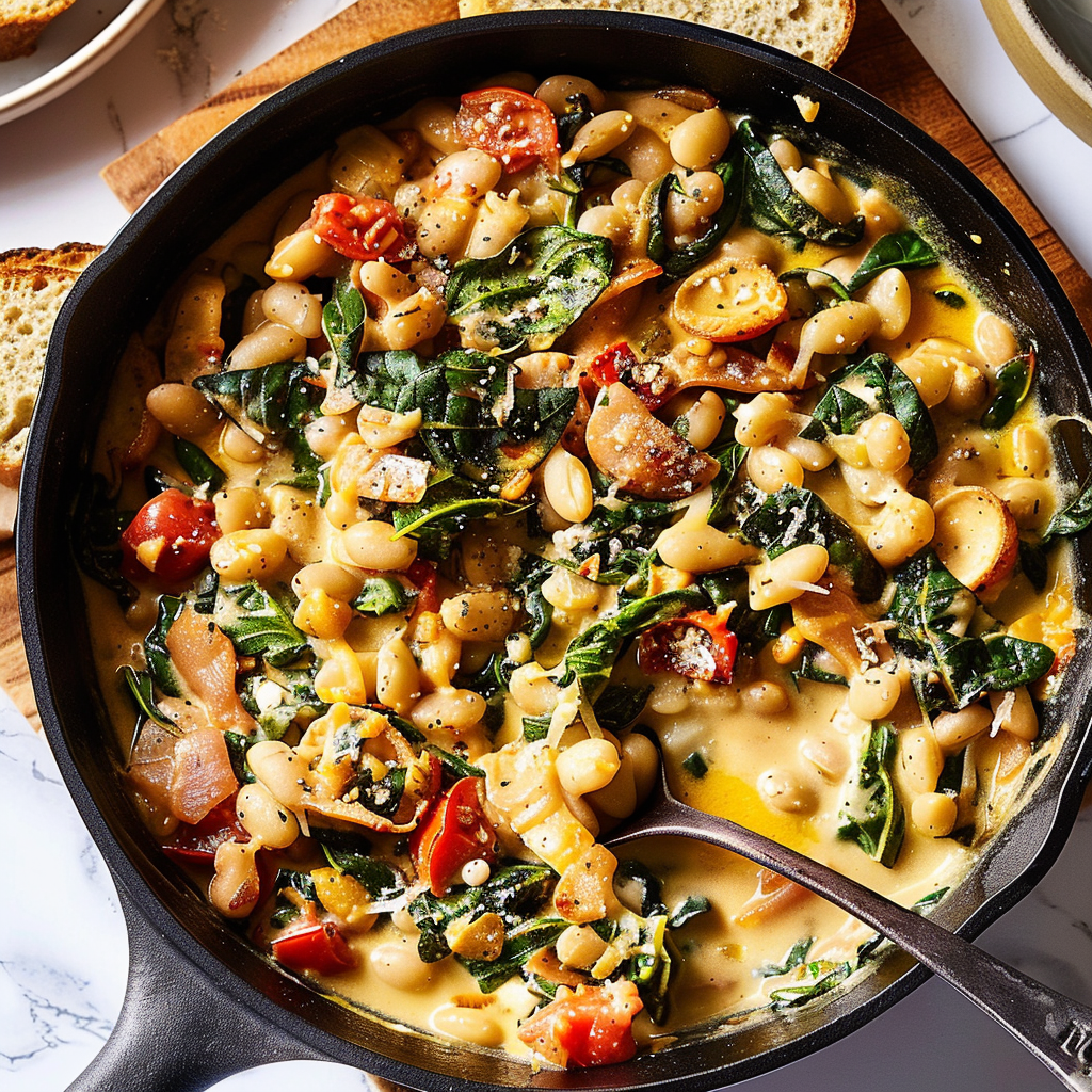 Recipe preparation for Creamy Tuscan White Bean Skillet