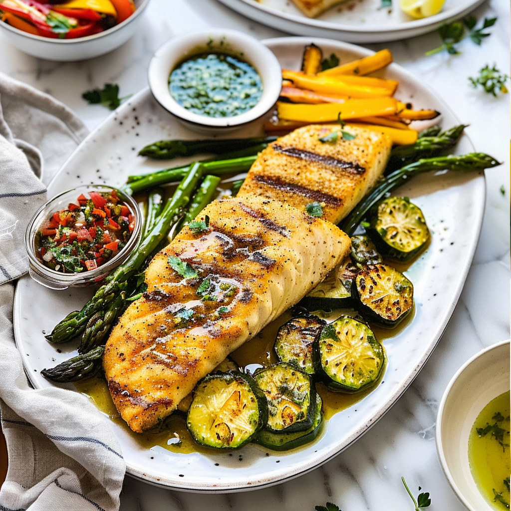 Recipe preparation for Citrus-Chimichurri Grilled Fish with Za’atar Veggie Plank