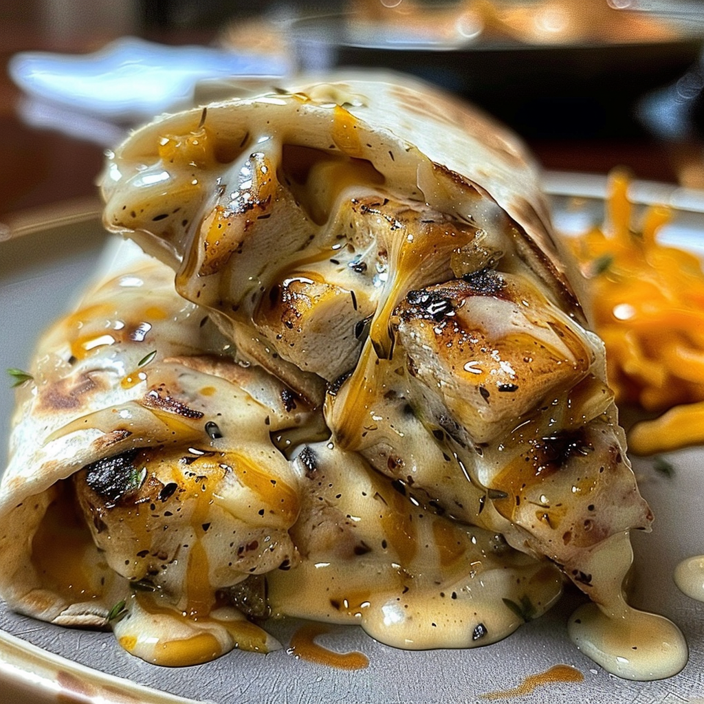 Recipe preparation for Ooey-Gooey Cheesy Garlic Chicken Wraps