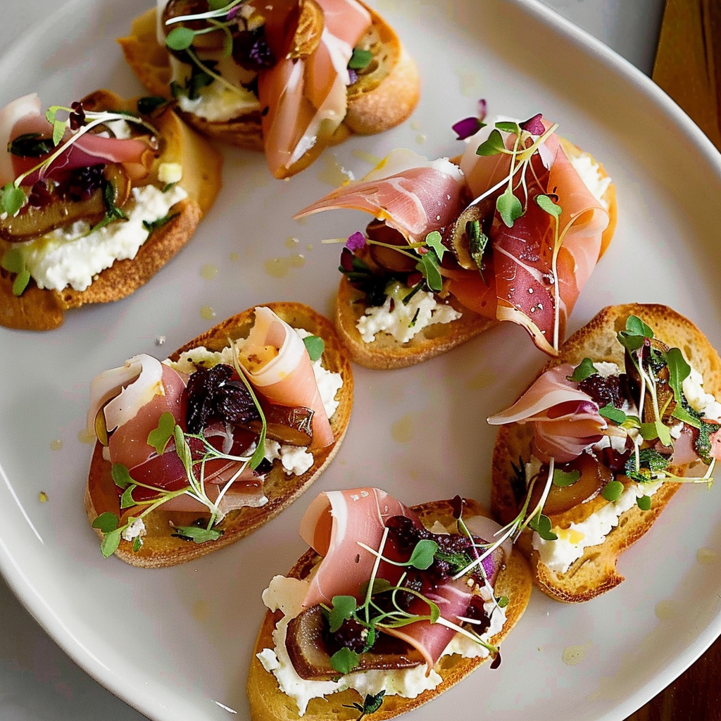 Recipe preparation for Prosciutto & Fig Crostini with Goat Cheese