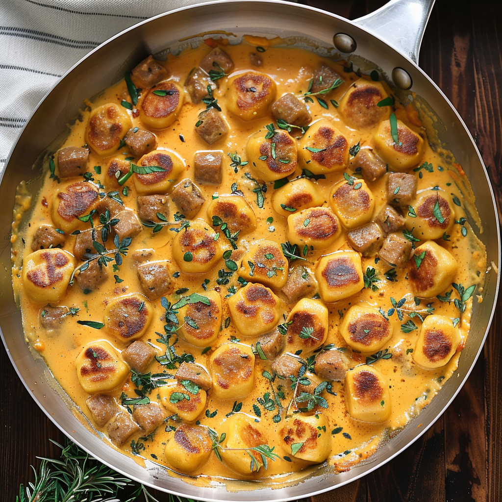 Recipe preparation for Creamy Butternut Squash Gnocchi with Sausage