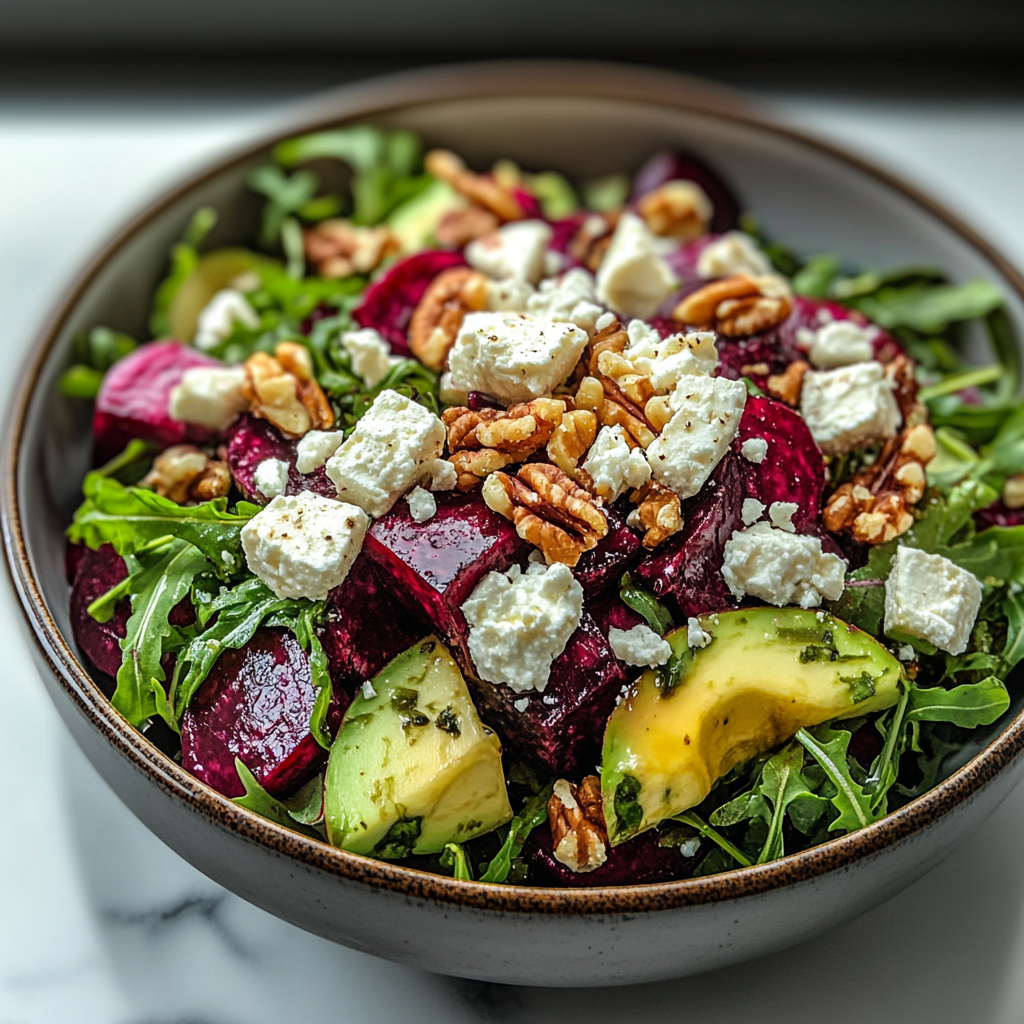 Recipe preparation for Roasted Beet & Arugula Salad with Feta and Walnuts