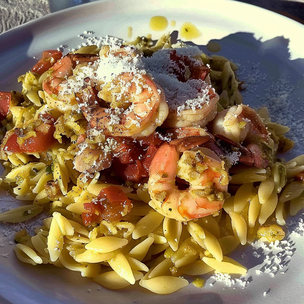 Recipe preparation for Pesto Orzo with Shrimp