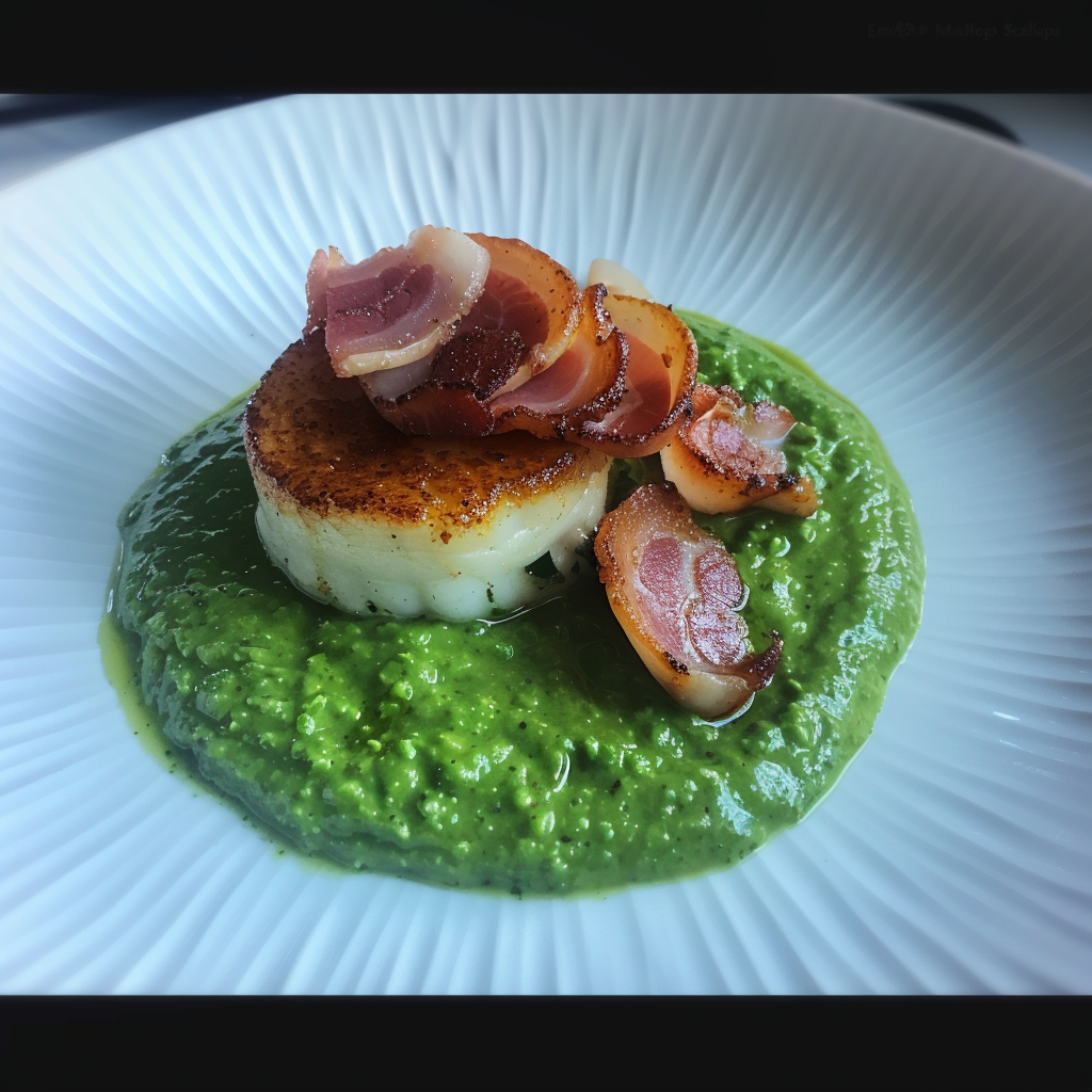 Recipe preparation for Mushroom “Scallops” over Pea Purée with Crispy Prosciutto