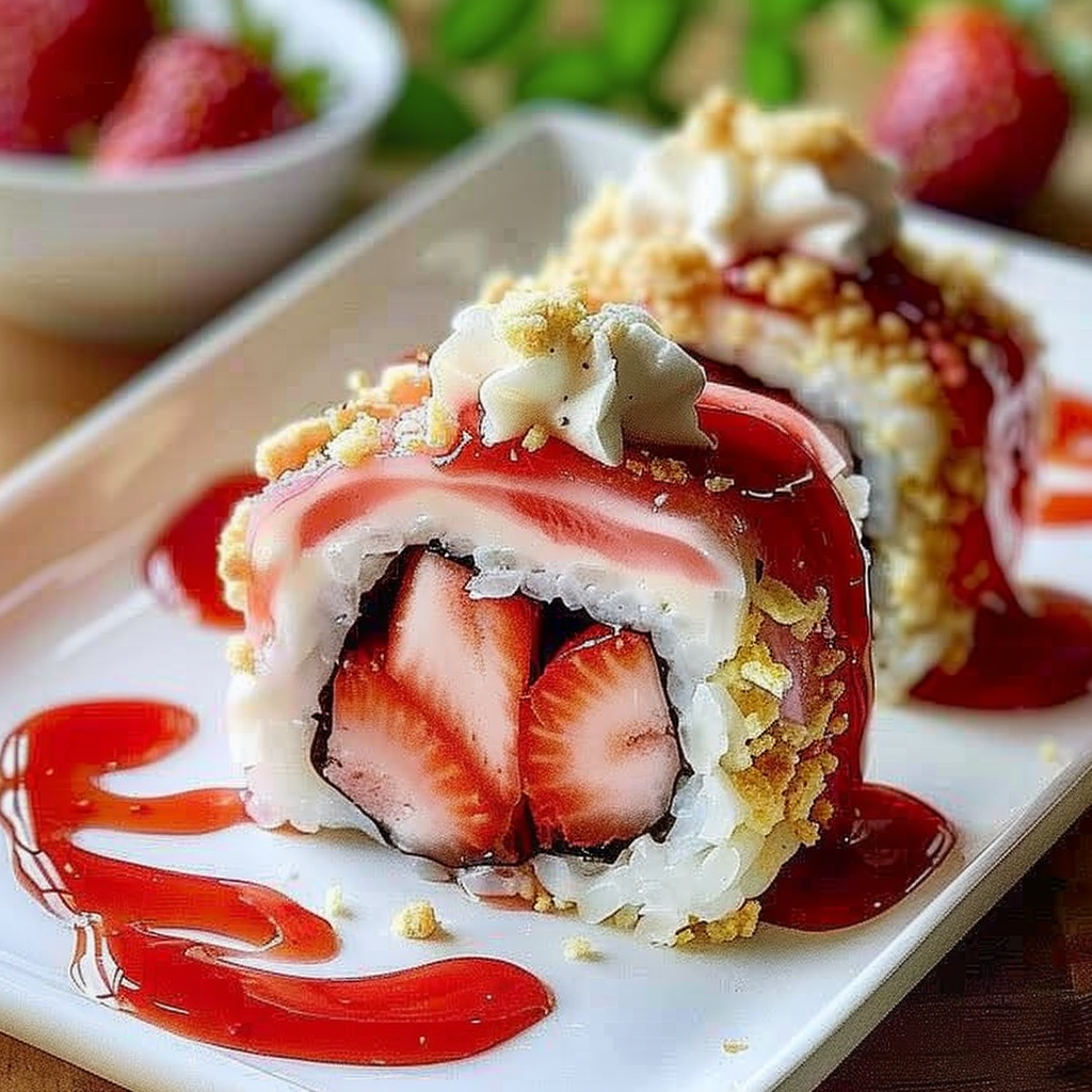 Recipe preparation for Strawberry Shortcake Sushi Roll