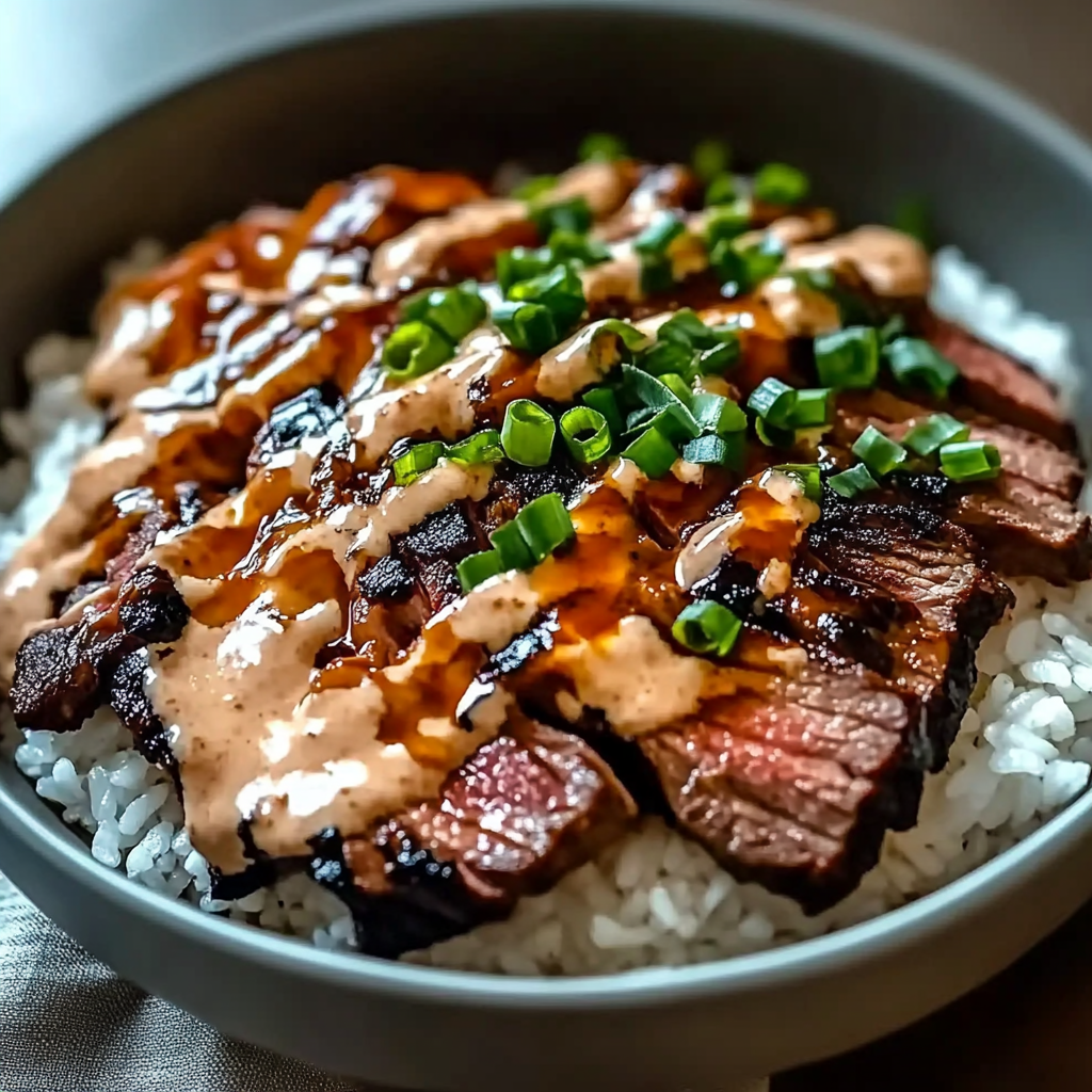 Recipe preparation for Korean BBQ Steak Rice Bowls with Spicy Cream Sauce