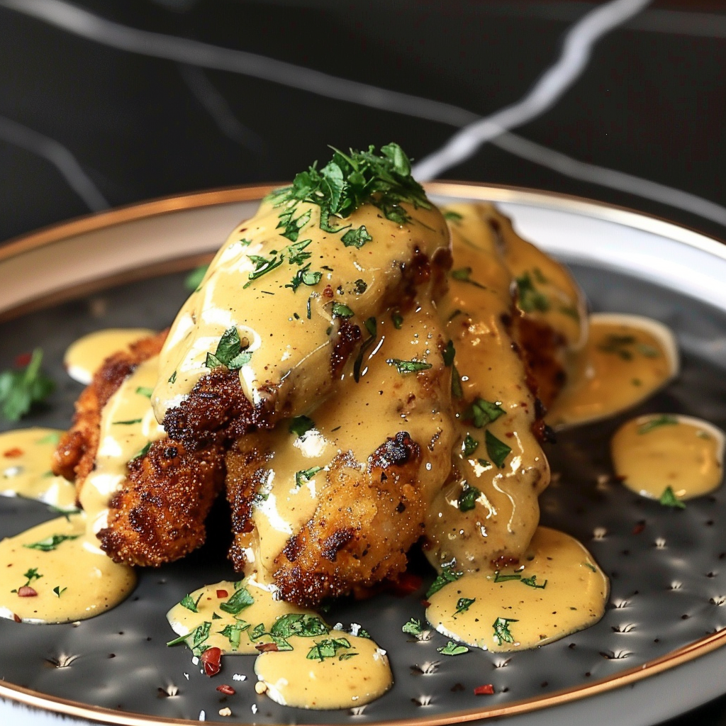 Recipe preparation for Pretzel Chicken with Mustard-Cheddar Sauc