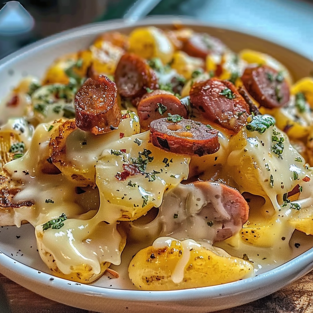 Recipe preparation for Cheesy Ranch Potatoes and Smoked Sausage