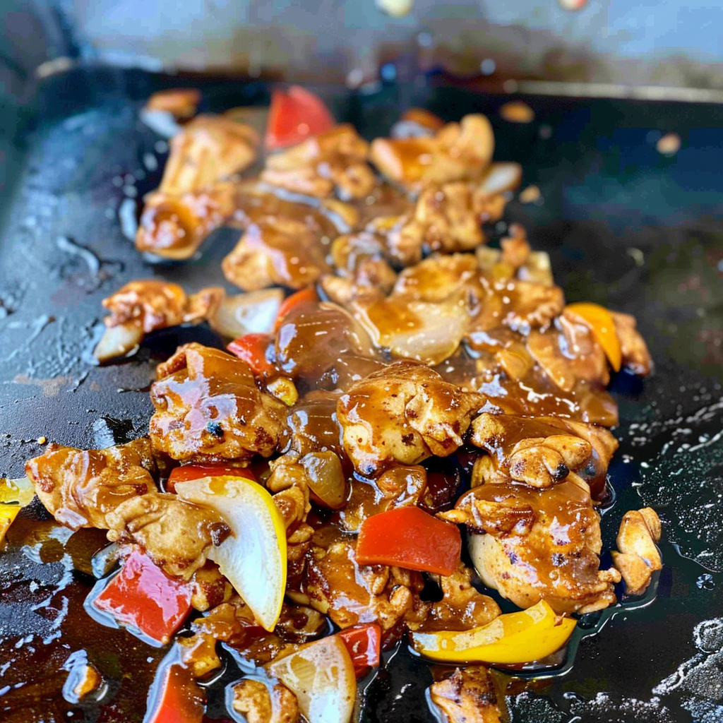 Recipe preparation for Blackstone Bourbon Chicken On The Griddle