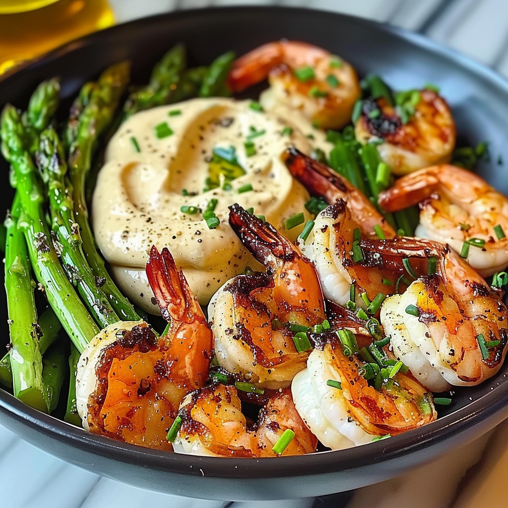 Recipe preparation for Grilled Shrimp Bowl with Asparagus and Creamy Garlic Sauce