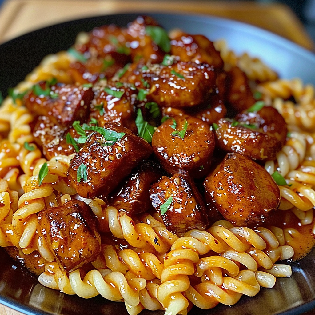Recipe preparation for One-Skillet Spicy Honey BBQ Sausage & Pasta
