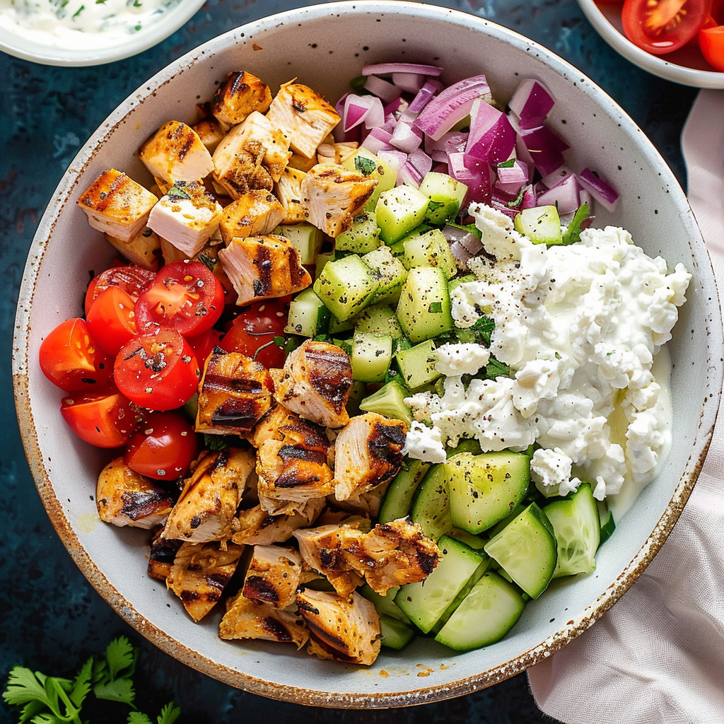 Recipe preparation for Grilled Greek Chicken Gyro Bowl