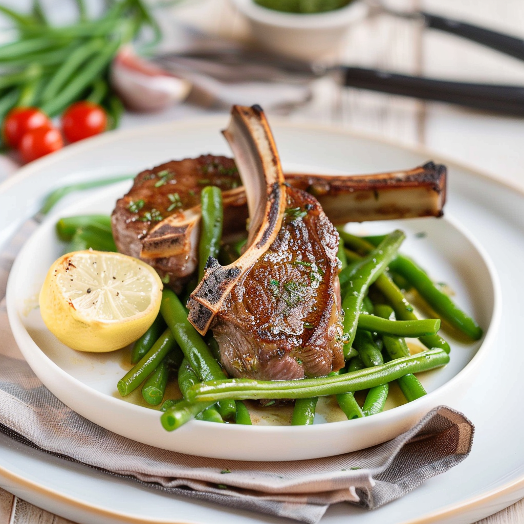Recipe preparation for Lemon Rosemary Lamb Chops with Garlic Green Beans