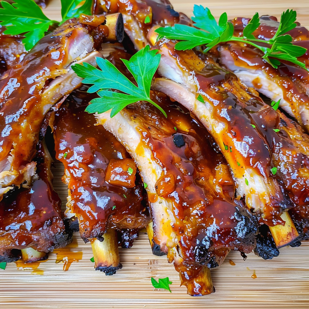 Recipe preparation for Bourbon Peach Glazed Baby Back Ribs with Grilled Pineapple