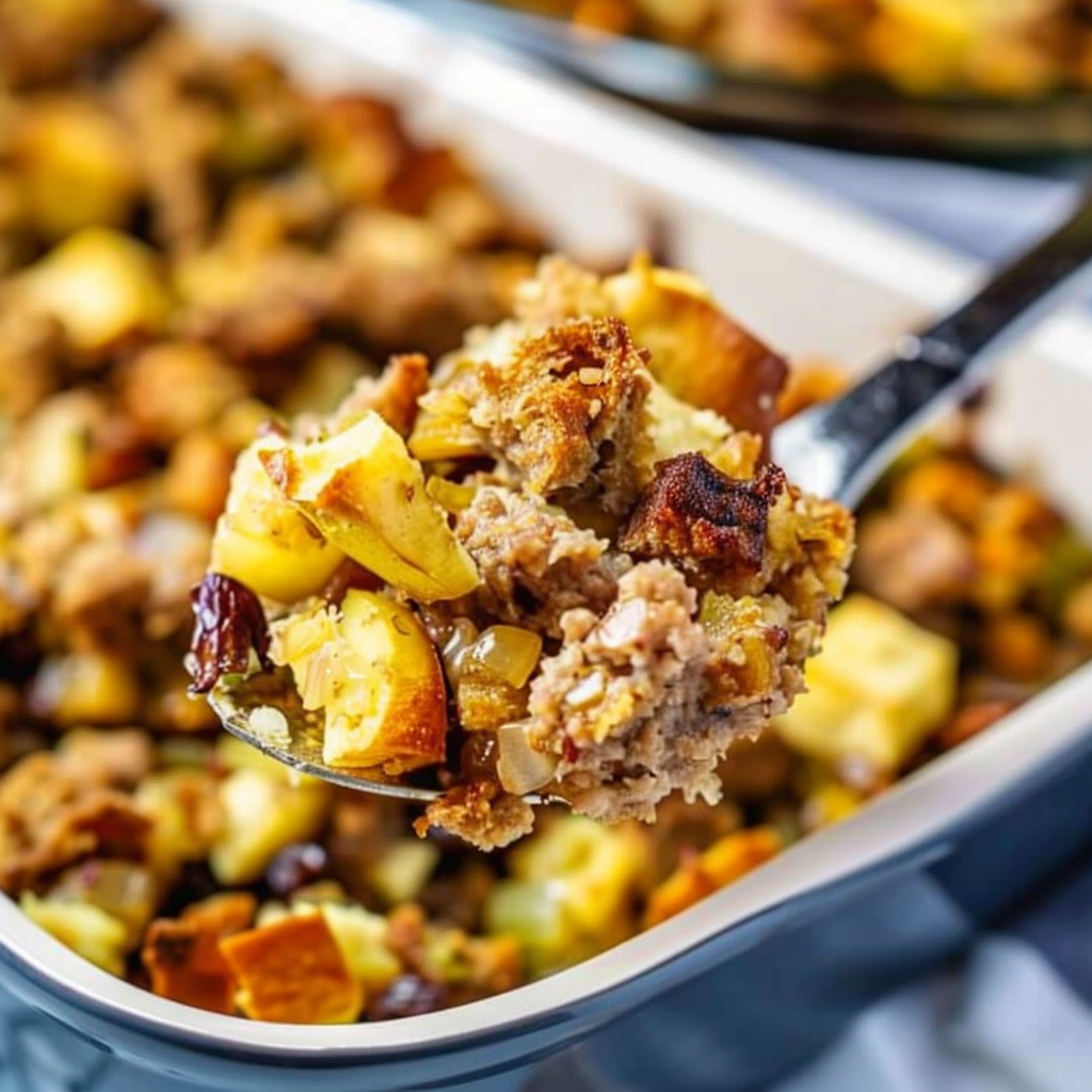 Recipe preparation for Rustic Sausage, Apple & Chestnut Stuffing Casserole