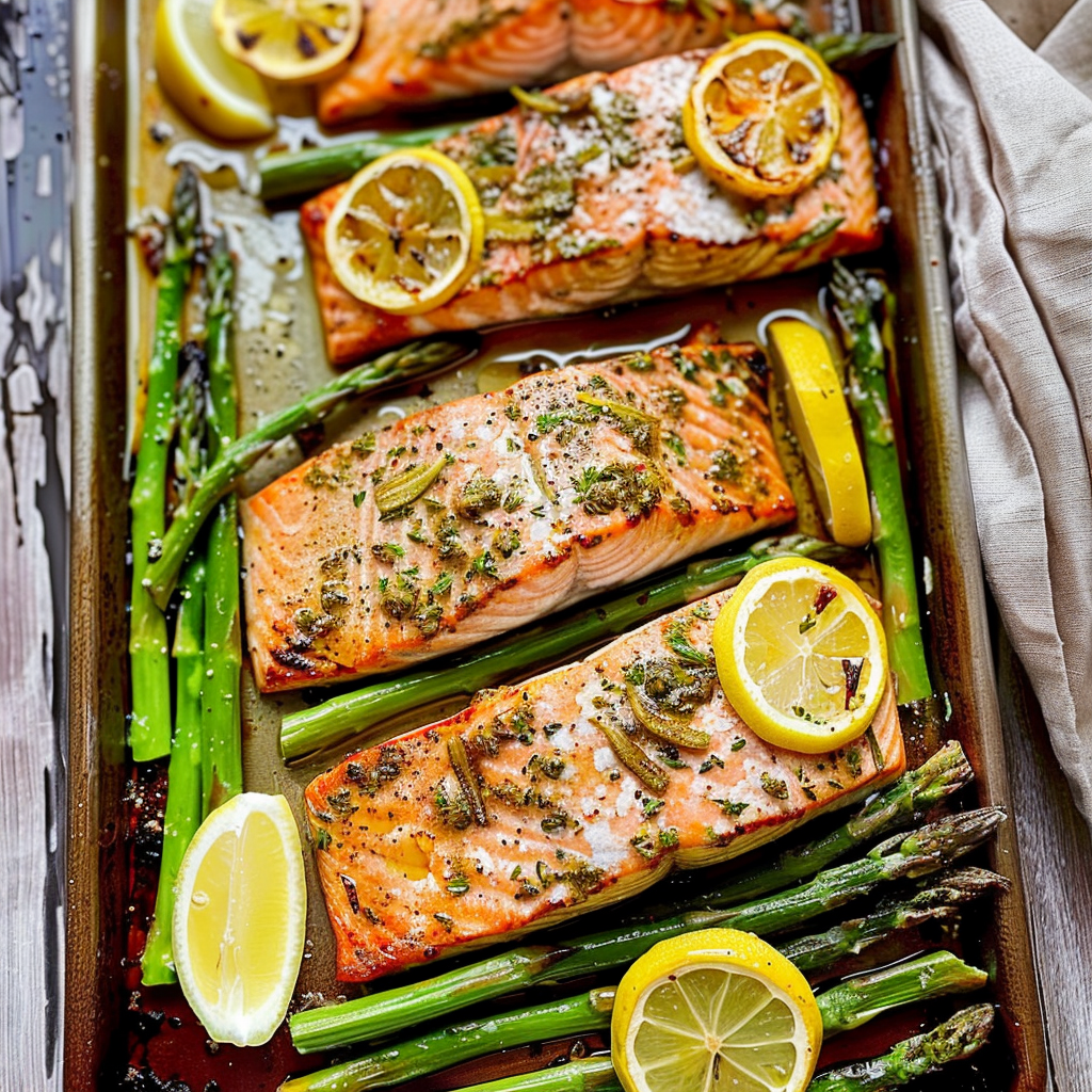 Recipe preparation for One-Pot Lemon Butter Salmon & Asparagus