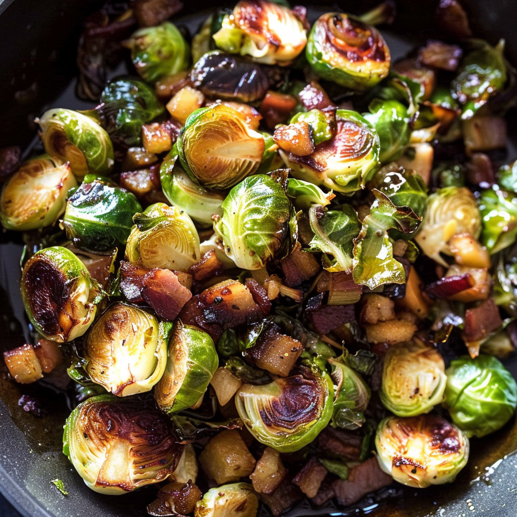 Recipe preparation for Pan-Roasted Brussels Sprouts with Bacon, Dates, and Halloumi