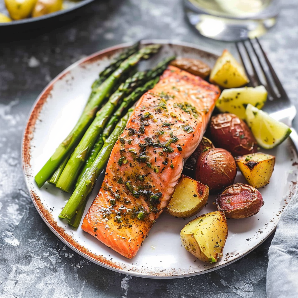 Recipe preparation for Garlic Butter-Roasted Salmon with Potatoes & Asparagus