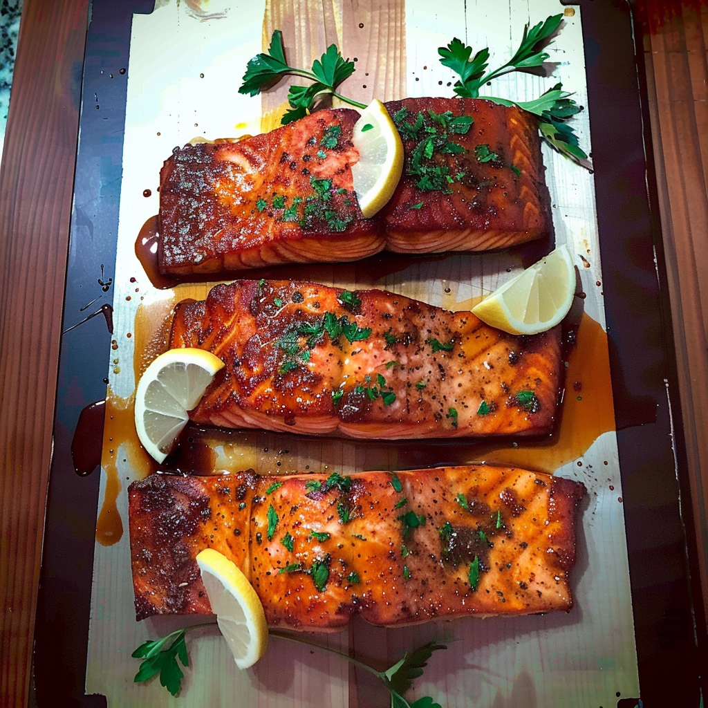Recipe preparation for Cedar Plank Salmon with Maple-Mustard Glaze