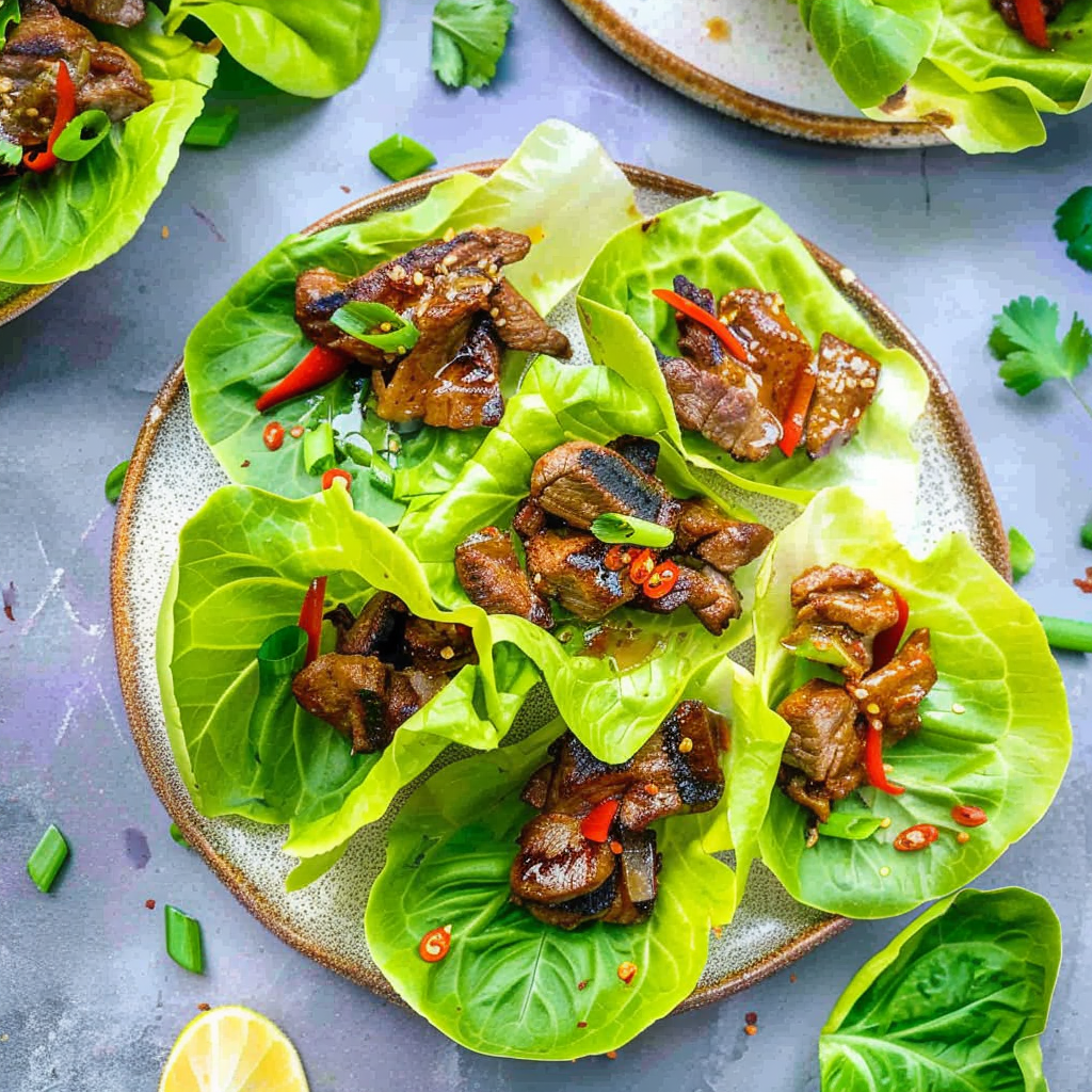 Recipe preparation for Sesame Ginger Steak Lettuce Cups