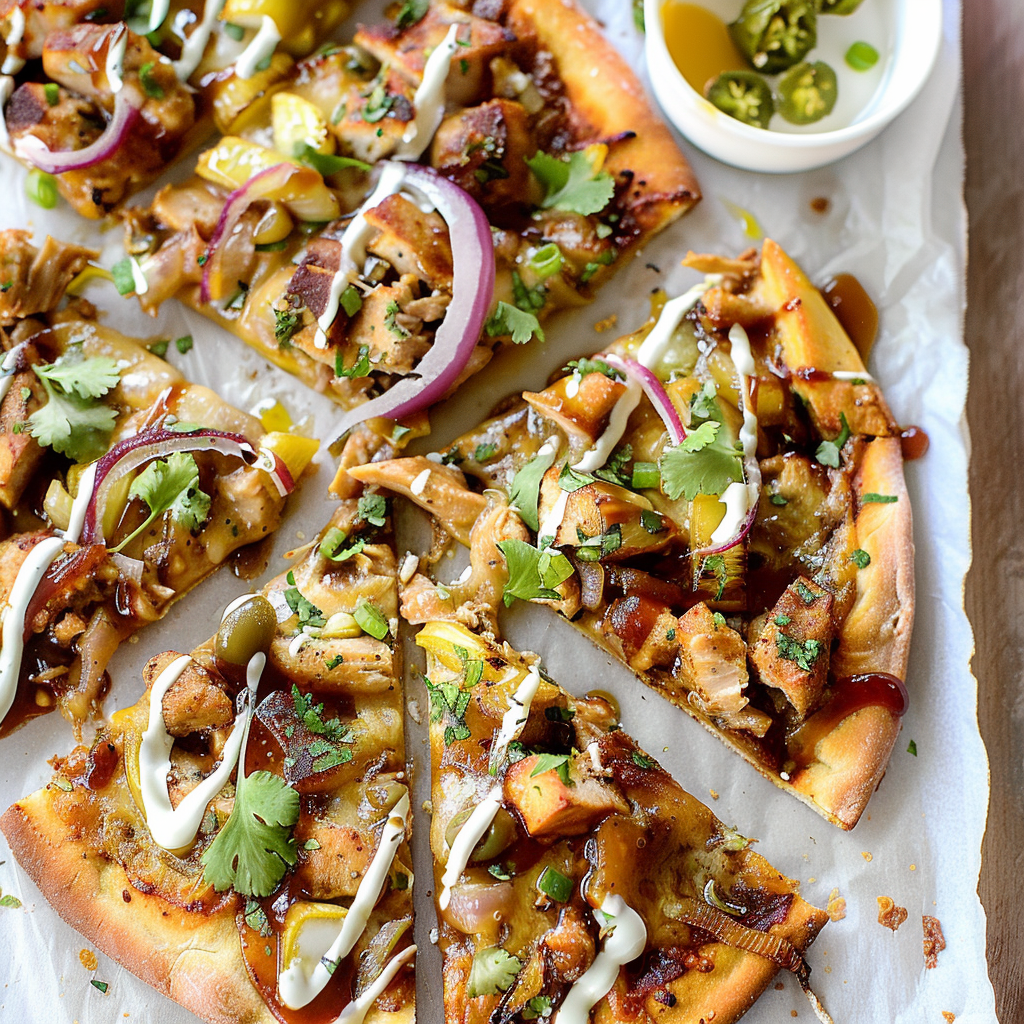 Recipe preparation for Smoky Honey BBQ Chicken Flatbreads