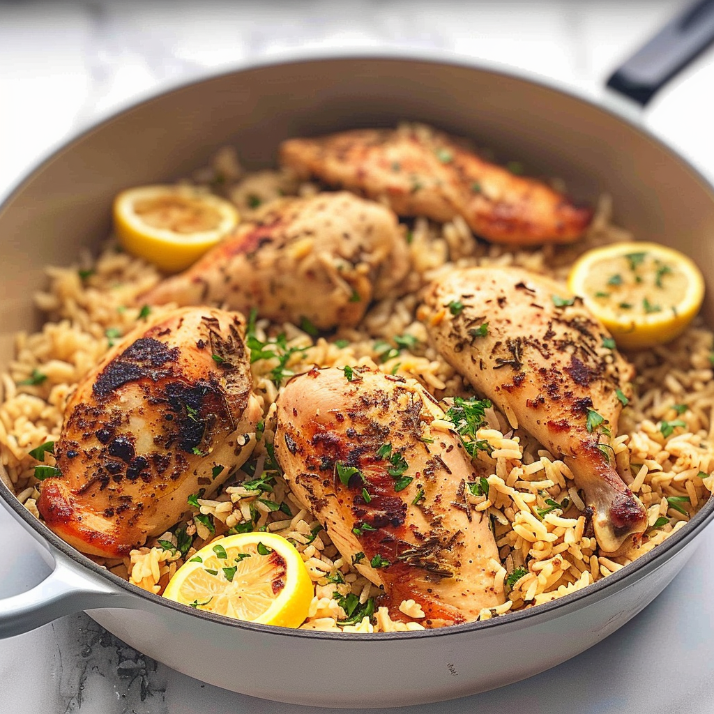 Recipe preparation for Easy Skillet Lemon Herb Chicken and Rice