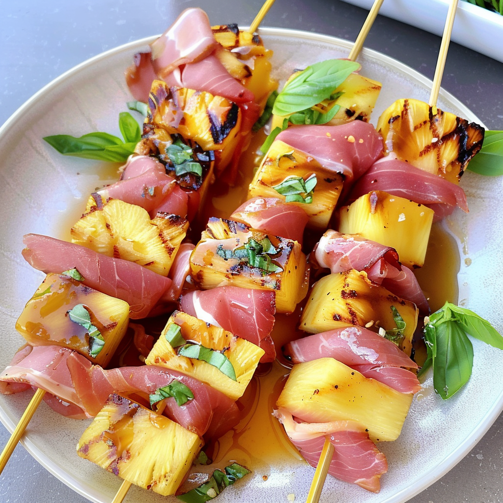 Recipe preparation for Grilled Pineapple and Prosciutto Skewers
