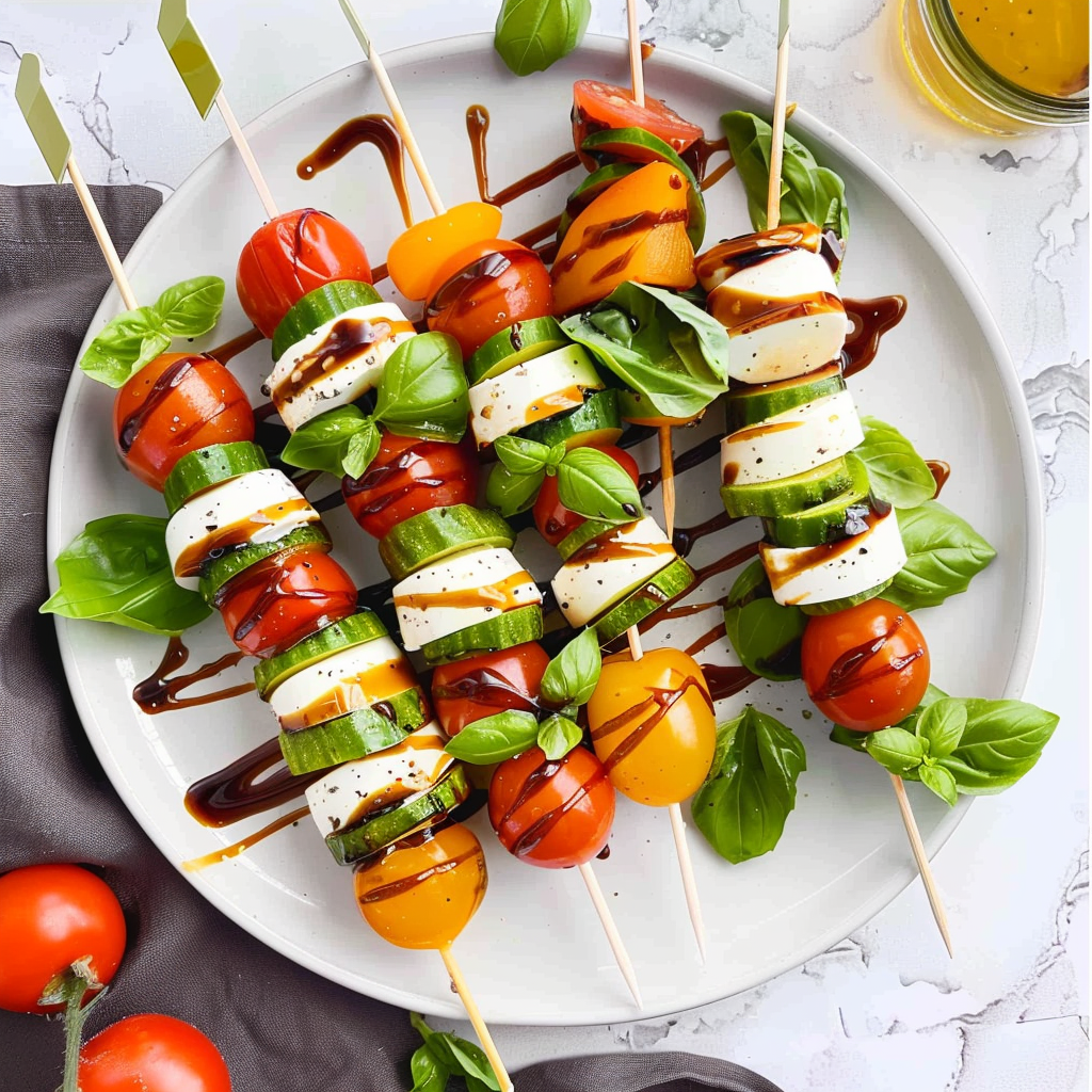 Recipe preparation for Mini Caprese Skewers with Balsamic Glaze