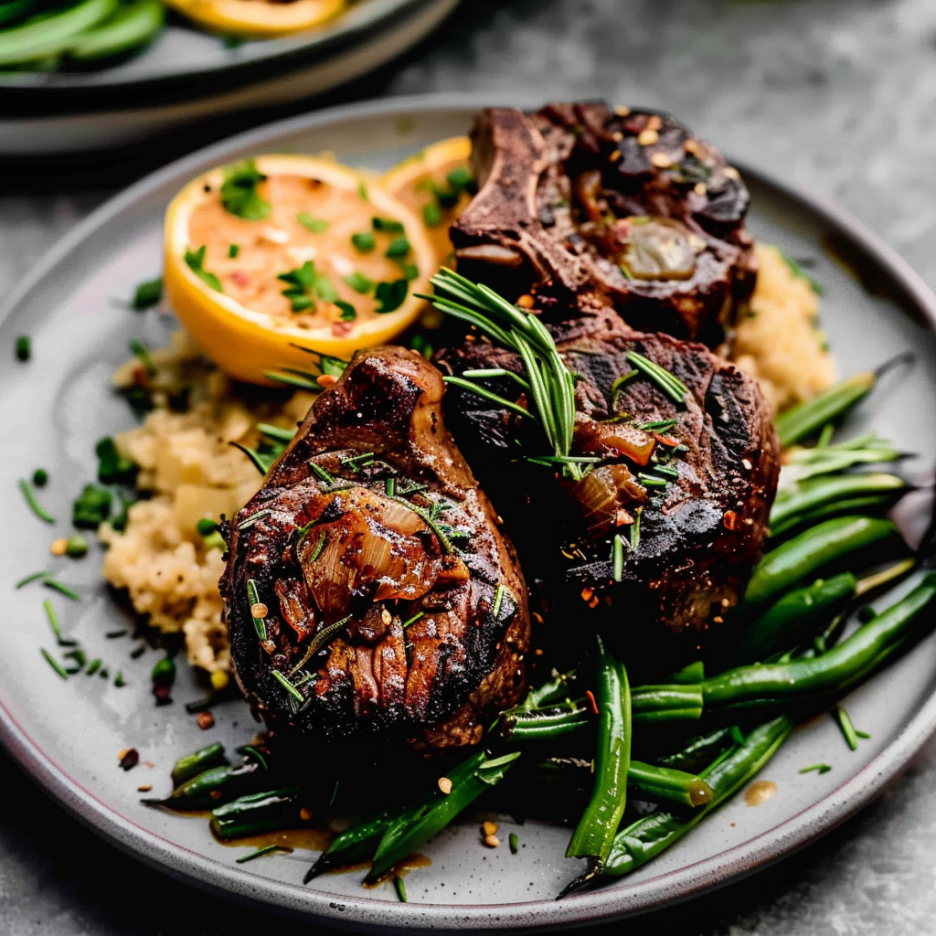 Recipe preparation for Lemon Rosemary Lamb Chops with Garlic Green Beans