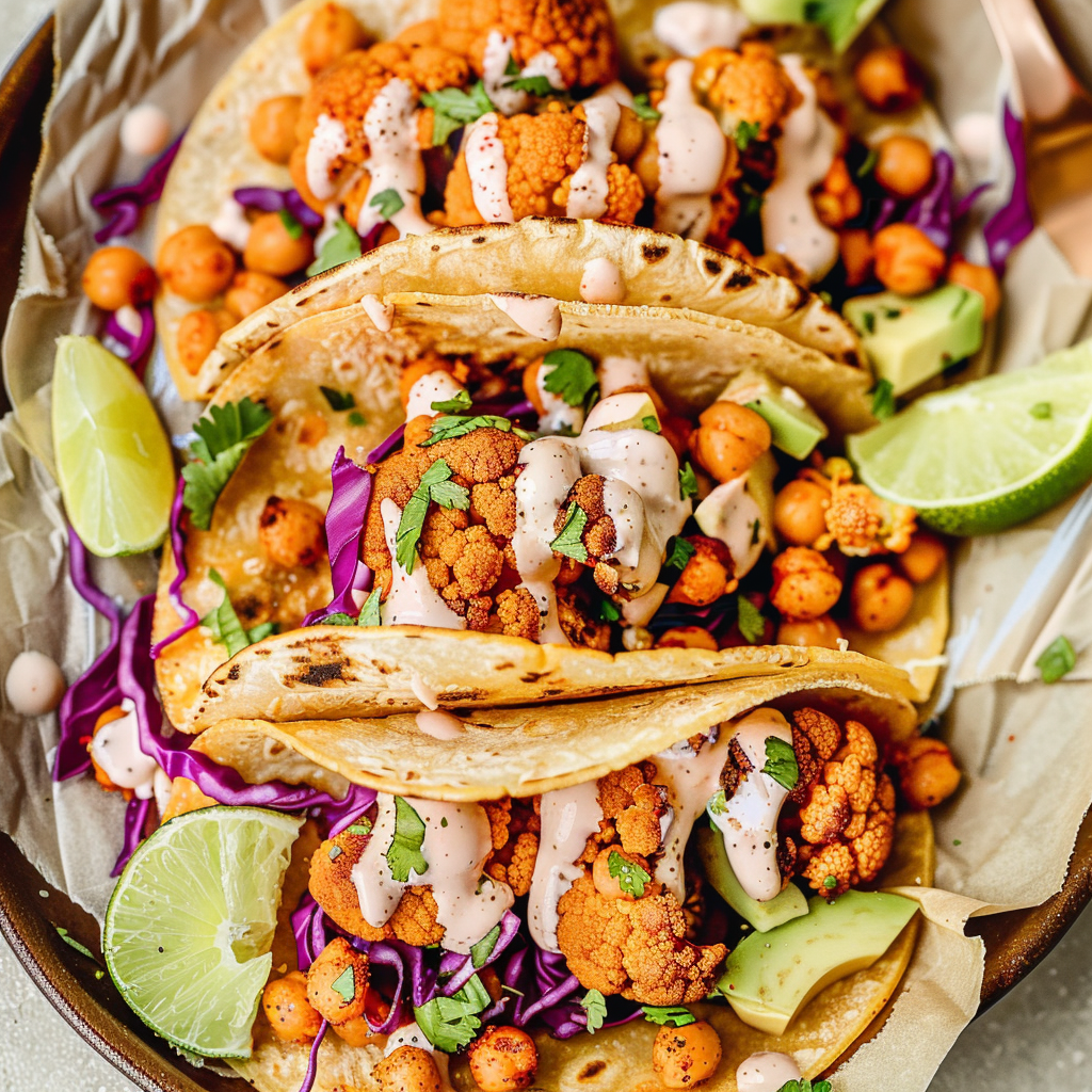 Recipe preparation for Buffalo Cauliflower & Chickpea Tacos