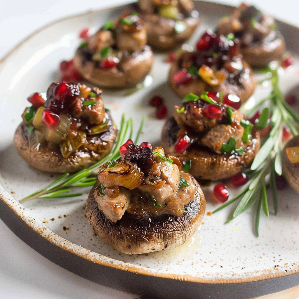 Recipe preparation for Mini Sausage, Sage & Pomegranate Stuffed Mushrooms