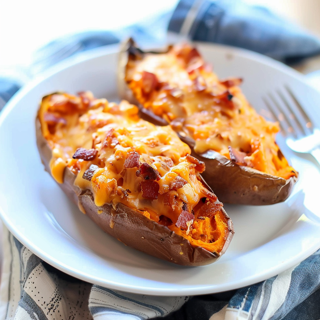 Recipe preparation for Cheddar & Bacon Twice-Baked Sweet Potatoes