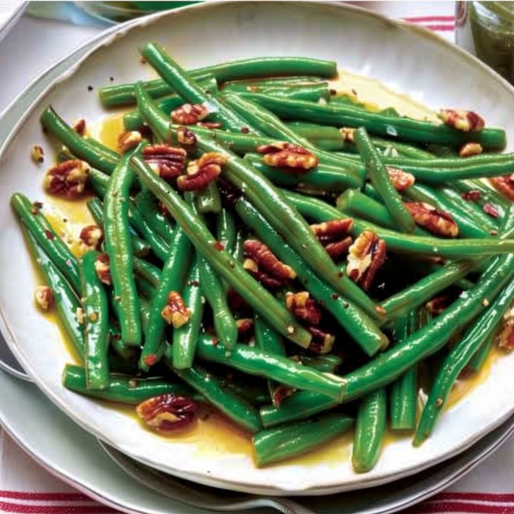 Recipe preparation for Maple-Pecan Crusted Green Beans Almondine