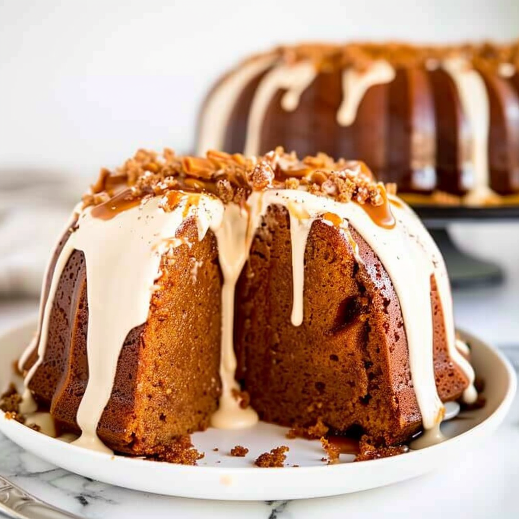 Recipe preparation for Pumpkin Latte Bundt Cake with Salted Caramel Drizzle