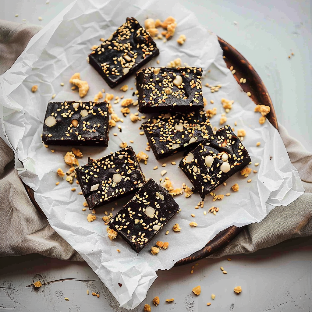 Recipe preparation for Black Sesame Crunch Nougat Bars