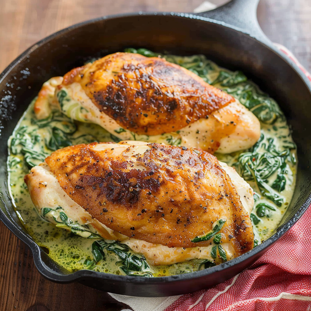 Recipe preparation for Creamy Spinach Parmesan Stuffed Chicken
