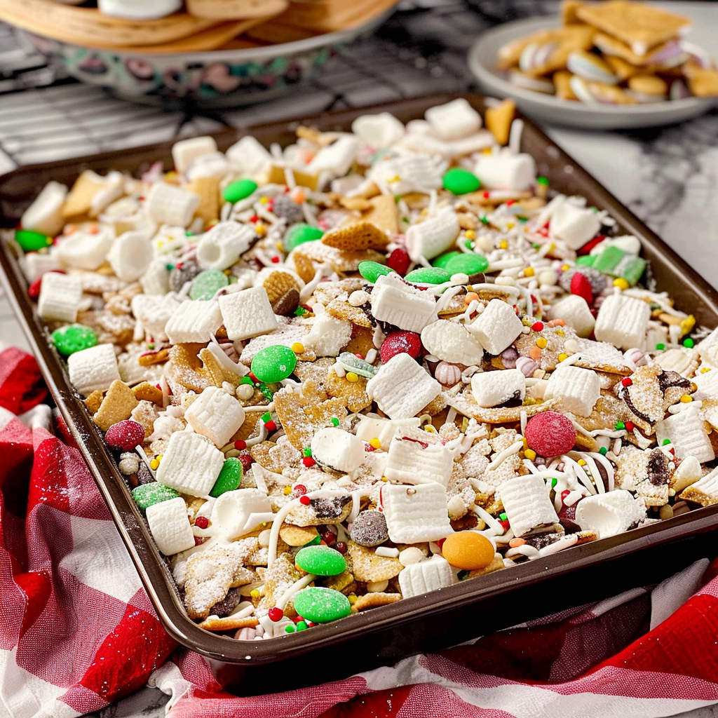 Recipe preparation for Santa Snack Mix Marshmallow Bark