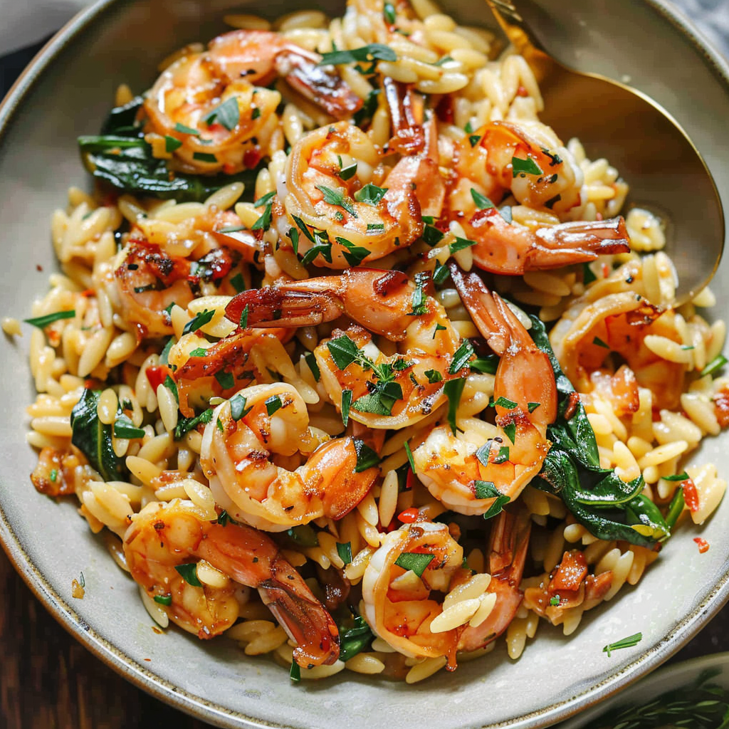 Recipe preparation for Herb Butter Shrimp & Orzo Skillet