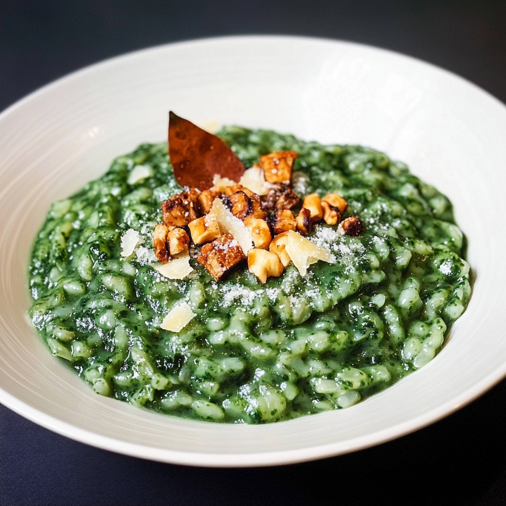 Recipe preparation for Spirulina-Tinted Risotto Milanese
